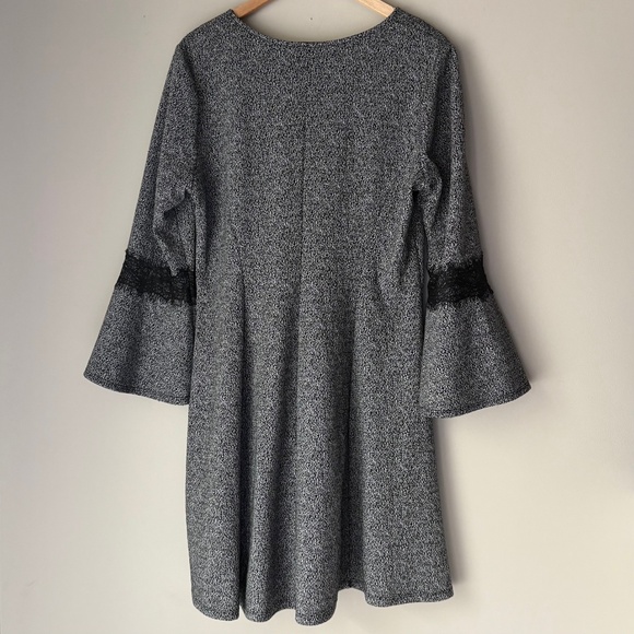 Elle Fit Flare Midi Knit Lace Long Sleeve Flare Black White Dress - Picture 4 of 4